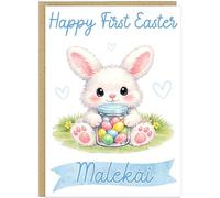 Happy First Easter Personalised Card for Baby - Custom Add Own Name Fluffy Bunny Jar Eggs Design - Toddler Happy 1st Easter Boy or Girl Greeting Card Blue Pink Teal Yellow (Blue)