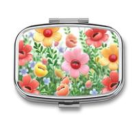 Happy Flower Pill Box 2 Compartments Portable Travel Pill Case Mini Medicine Organizer for Pocket Purse Metal Waterproof Medicine Container Holder Vitamin Fish Oil