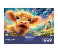 Happy Fluffy Calf in Flowers 1000Pc Jigsaw Puzzle Cute Highland Cow Educational & Challenging, Gift for All 52x38cm/1000pcs