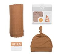 Happy Flute - Swaddle doek - Lulujo Hello World Swaddle & Hat - Tan