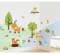Happy Forest Animals Meadow Trees Fawn Owl Turtle Squirrel Snail Flowers Trees Mushrooms Wall Mural Art Deco Home Wall Decor Decoration Sticker Decals Beautiful Decoration Baby Room
