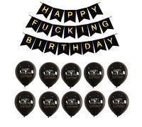 Happy Fucking Birthday Bunting Banner with 10pcs Black Abusive Birthday Balloons,Funny B-day Decorations for 21st-30th-40th-50th-60th B-day Party Supplies