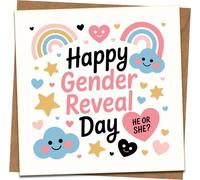 Happy Gender Reveal Day Card - Cute Rainbow, Clouds, Hearts “He or She?” Design - 145mm x 145mm Square Greeting Card with Kraft Envelope - Baby Shower Party Announcement, Boy or Girl Reveal