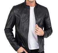 HAPPY GENTLEMAN Mens Premium Black Lamb Leather Biker Jacket Tailored Fit Zipped Collarless | M