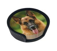 Happy German Shepherd Printed,Set of 6 Round Coasters, Pu Leather Drinks Coasters with Holder for Home Office Kitchen