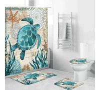 Happy Go-Mart Sea Turtle Shower Curtain Bathroom Set, Absorbent Bath Mats Rug Toilet Mat for Bathroom Floor