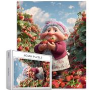 Happy Grandma in The Strawberry Field 1000 Piece Jigsaw Puzzles for Adults Pastoral Background Art Jigsaw Colorful DIY Puzzles for Home Decoration Gifts Family Puzzle Perfect for Game Nights 50×70cm