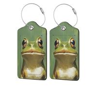 Happy Green Frog Vintage Luggage Tag for Suitcase 2 Pack Leather Luggage Tag with Privacy Flap Name Id Label and Metal Loop for Women Men Travel
