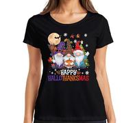 Happy HalloThanksmas Gnomes Halloween Christmas Design Fun Women's T-Shirt, black, XL