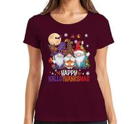 Happy HalloThanksmas Gnomes Halloween Christmas Design Fun Women's T-Shirt, burgundy, M