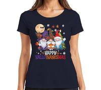Happy HalloThanksmas Gnomes Halloween Christmas Design Fun Women's T-Shirt, navy, 3XL