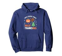Happy Hallothanksmas Triple Holiday Threat Celebration Pullover Hoodie, Adult Unisex, Navy, S
