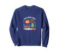 Happy Hallothanksmas Triple Holiday Threat Celebration Sweatshirt, Adult Unisex, Navy, S