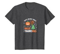 Happy Hallothanksmas Triple Holiday Threat Celebration T-Shirt, Kids, Dark Heather Grey, 10 Years