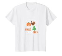 Happy Hallothanksmas Triple Holiday Threat Celebration T-Shirt, Kids, White, 8 Years
