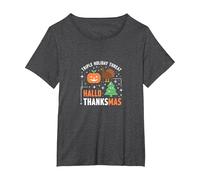 Happy Hallothanksmas Triple Holiday Threat Celebration T-Shirt, Women's Plus, Dark Heather Grey, 2X
