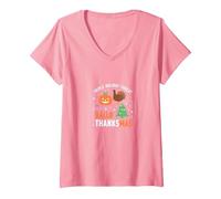 Happy Hallothanksmas Triple Holiday Threat Celebration V-Neck T-Shirt, Women, Pink, S