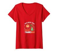 Happy Hallothanksmas Triple Holiday Threat Celebration V-Neck T-Shirt, Women, Red, L