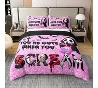 Happy Halloween 100% Cotton Duvet Cover Super King Size,Funny Skeleton Ghost Bedding Set 3Pcs for Girl Boy Adult Room Decor,Spider Web Bat Comforter Cover Purple Pink Glitter Quilt Cover,2 Pillowcases