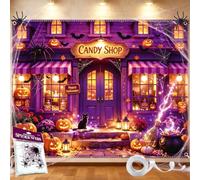 Happy Halloween Backdrop 118 × 78 Inch with Ribbon, Spider Web Kit & 4 Brass Grommets, Double Stitched Halloween Banner for Outside, Halloween Wall Decoration, Party Photo Background