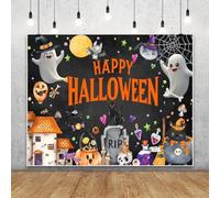 Happy Halloween Backdrop 12x8ft Funny Ghost Cat Bat Orange Pumpkin Lanterns Backdrop for Photography Dark Night Cemetery Spider Background for Halloween Kids Birthday Theme Party Banner Decorations