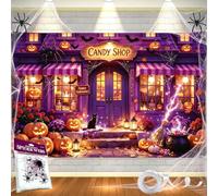 Happy Halloween Backdrop 71 × 43 Inch with Ribbon, Spider Web Kit & 4 Brass Grommets, Double Stitched Halloween Banner for Outside, Halloween Wall Decoration, Party Photo Background