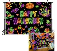 Happy Halloween Backdrop Banner Halloween Neon Party Photography Background Glow in The Dark Pumpkin Ghouls Bat Photo Decorations Studio Props (2.4x1.8m)