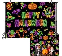 Happy Halloween Backdrop Banner Halloween Neon Party Photography Background Glow in The Dark Pumpkin Ghouls Bat Photo Decorations Studio Props (2.1x1.5m)