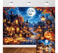 Happy Halloween Backdrop Full Moon Night Pumpkin Lantern Background 7X5FT | Halloween Village Wooden House Street Bat Backdrop Spooky Halloween Holiday Party Decorations Banner Photo Props