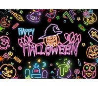 Happy Halloween Backdrop Neon Halloween Birthday Photography Background Hallowmas Horror Pumpkin Bat Skull Skeleton Ghost Banner for Kids Party Decorations Supplies (8x6FT: 96x72 inch)