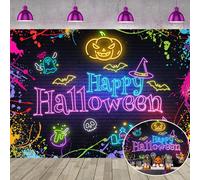 Happy Halloween Backdrop Neon Halloween Colorful Splatter Graffiti Background Halloween Horror Pumpkin Bat Skull Skeleton Ghost Banner for Kids Children Halloween Party Decor (94X70 inch (8x6FT))