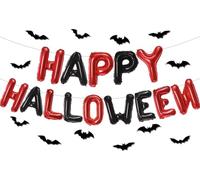 Happy Halloween Banner 16 Inch Happy Halloween Foil Balloons Red and Black with Fake Bats for Party Decorations