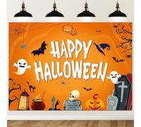 Happy Halloween Banner Backdrop Scary Ghost Background Orange Halloween Party Decorations for Terrifying Ghost spide bat Halloween Photo Booth Party Decoration 7x5ft