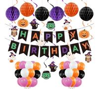 Happy Halloween Banner Birthday Party Decorations - Balloons, Hanging Swirls, Honeycomb Ball, Triangle Flag, Cake Topper - Halloween theme Birthday Party Decor