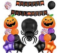 Happy Halloween Banner, Spider Pumpkin Balloons and Black Orange Purple Balloon for Halloween Party Decorations Indoor Outdoor