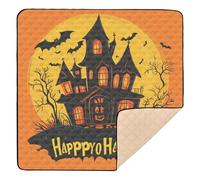 Happy Halloween Bat Black Orange Spooky Haunted House Pumpkin Soft Foam Baby Playmat for Indoor Outdoor Waterproof Playroom Activity Mat for Baby Toddler Infant, 50'' x 50''