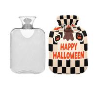 Happy Halloween Bat Ghosts Black Checkered hot Waterbottle with Soft Cover 2L Water Bottle Bag for Neck and Shoulder Pain Relief Hand Feet Warmer Bolsa para cólicos menstruales