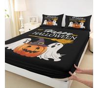Happy Halloween Bedding Set for Girls Boys Cartoon Ghosts Gothic Fitted Sheet Orange Pumpkin Lantern Bed Cover Room Decor Black Sheet Set with 2 Pillowcase,No Top Flat,Double