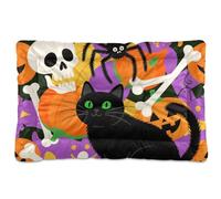 Happy Halloween Black Cat Skull Pumpkin Washable Pet Mattress Non-Slip Soft Comfortable Dog Crate Mat for Large Jumbo Medium Small Dogs 36" x 24"