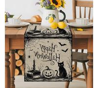 Happy Halloween Black Cat Smile Pumpkins Table Runner 36 Inches Long, Retro Background Washable Table Runners Heat-Insulation Kitchen Dining Table Decorations for Home Party Decor 13x36in