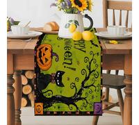 Happy Halloween Black Cat Table Runner 72 Inches Long,Table Runners Kitchen Dining Tables Decoration for Home Party Decor, Wearing Witch Hat Pumpkin Tables Runner Wedding Dresser Scarf