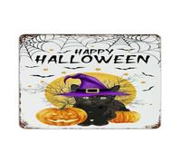 Happy Halloween Black Cat Witch Hat Custom Metal Signs Outdoor Rustic Living Room Wall Art Plaques Wicca Wiccan Witchcraft Witch Wall Decor Metal Plaque for Cabin Dining Room Entryway 12x18 Inch