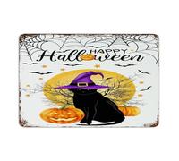 Happy Halloween Black Cat Witch Hat Metal Sign 8x12 Inch Funny Novelty Bathroom Gate Entryway Man Cave Decor Garage Signs Wicca Wiccan Witchcraft Witch Wall Art Plaques for Garden