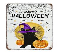 Happy Halloween Black Cat Witch Hat Metal Signs 12x12 Inch Country Front Door Outdoor Laundry Wall Decor Metal Plaque Animals Illustrations Pagan Goth Wall Art Plaques for Office