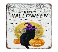 Happy Halloween Black Cat Witch Hat Metal Signs Outdoor 12x12 Inch Custom Kitchen Gate Indoor Man Cave Decor Metal Plaque Animals Illustrations Pagan Goth Wall Art Plaques for Office