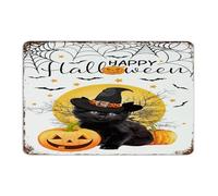 Happy Halloween Black Cat Witch Hat Metal Tin Sign 12x18 Inch Retro Gate Pubs Club Indoor Wall Decorations Aluminum Tin Signs Animals Illustrations Pagan Goth Wall Art Plaques for Outdoor
