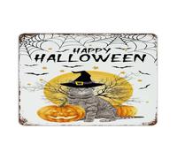 Happy Halloween Black Cat Witch Hat Metal Tin Sign 8x12 Inch Hanging Business Living Room Outdoor Wall Décor Garage Signs Wicca Wiccan Witchcraft Witch Wall Art Plaques for Porch