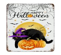 Happy Halloween Black Cat Witch Hat Personalized Metal Signs Outdoor Farmhouse Lounge Wall Art Plaques Animals Pagan Goth Wall Décor Aluminum Tin Signs for Pubs Club Outdoor Outside 12x12
