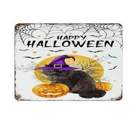 Happy Halloween Black Cat Witch Hat Retro Metal Signs Outdoor Decorative Fence Wall Art Plaques Scary Bats Cat Lovers Pet Home Decor Garage Signs for Bathroom Garden Office 10x14 Inch