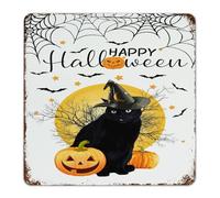Happy Halloween Black Cat Witch Hat Vintage Metal Tin Sign Customized Garage Wall Art Plaques Wicca Wiccan Witchcraft Witch Room Decor for Men Metal Plaque for Home Restaurants Lounge 12x12 Inch